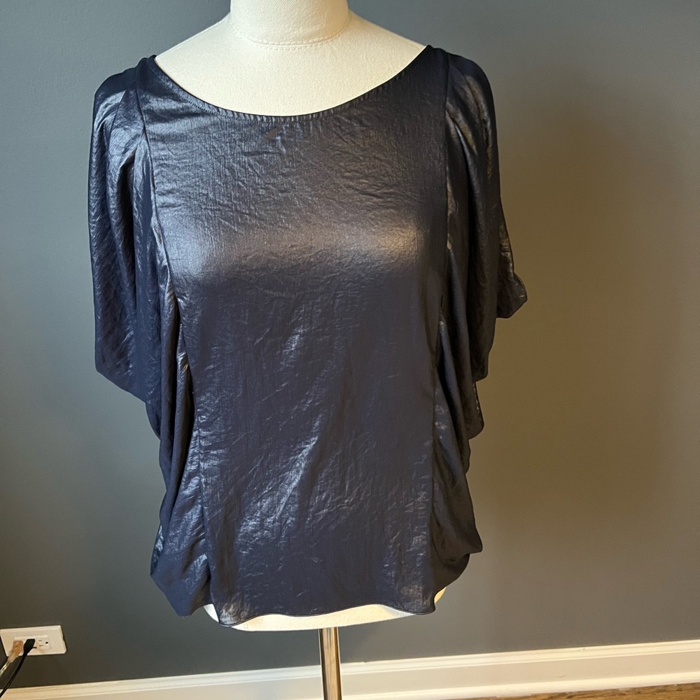 BCBGmaxazria Womens Blouse Size XS Foiled Wet Look Puff Sleeve